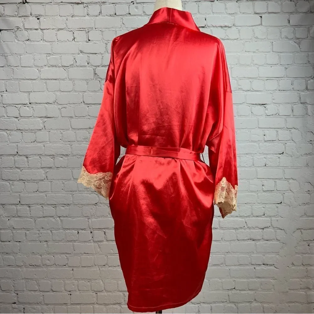 Fredricks of Hollywood Sexy Coral Satin Lace Trimmed Robe with Pockets & Belt